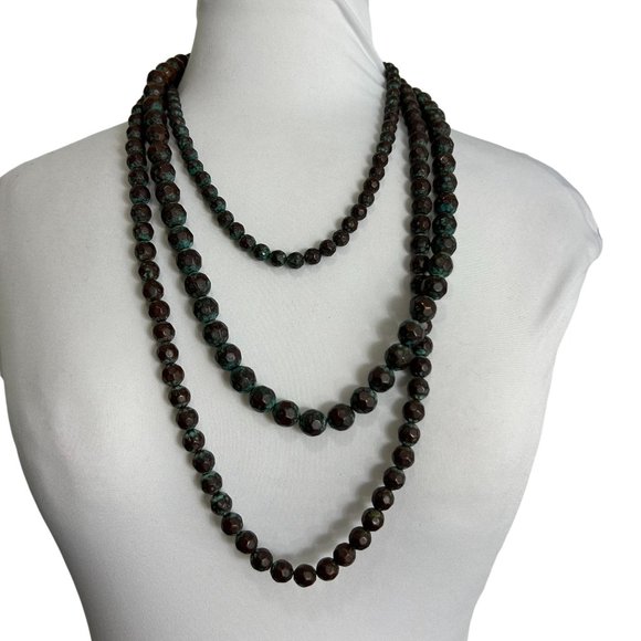 Multi Triple Strand Necklace Faceted Beaded Copper Look Patina 19-22" Adjustable - Picture 1 of 10